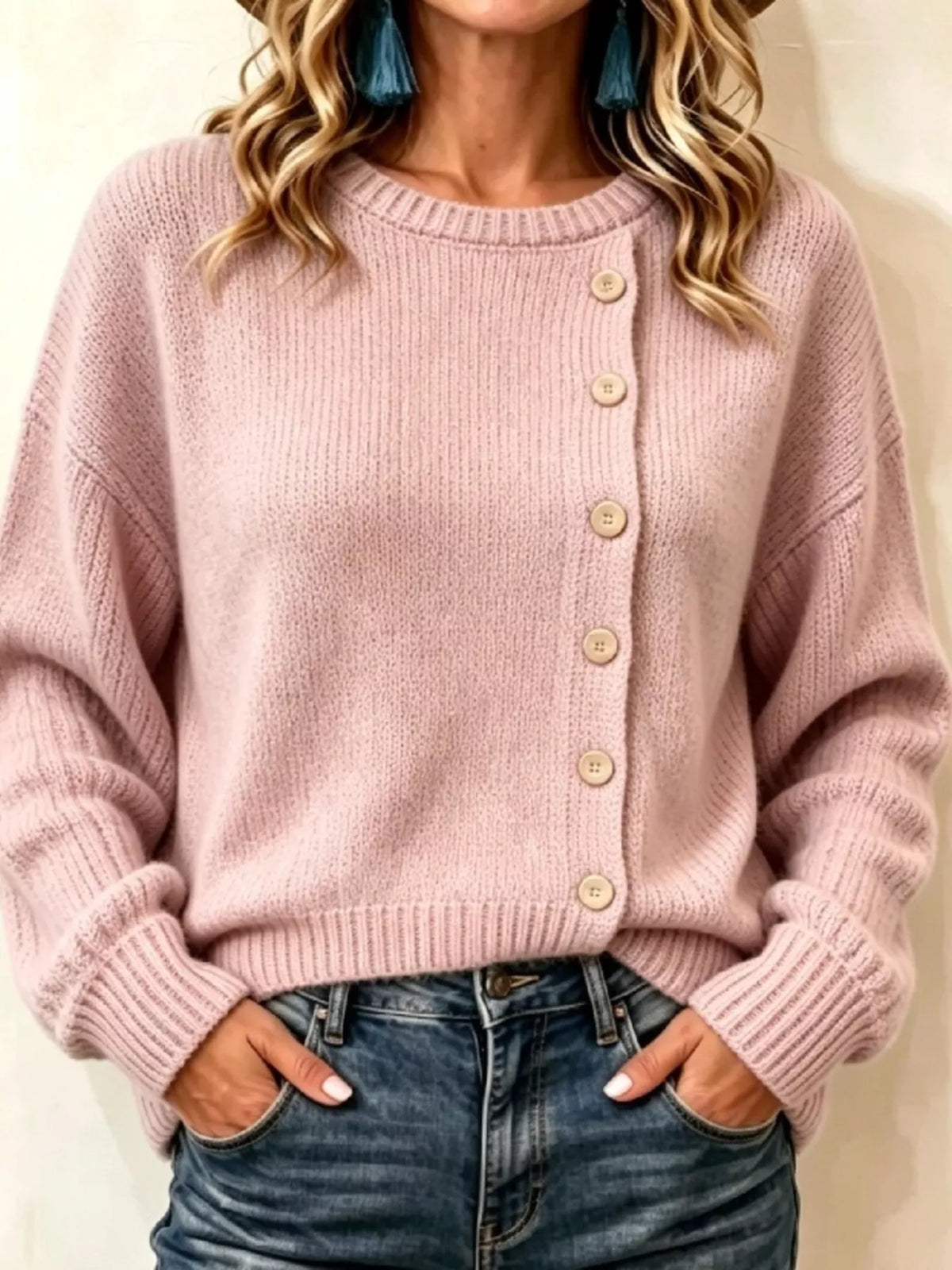Decorative Button Round Neck Sweater