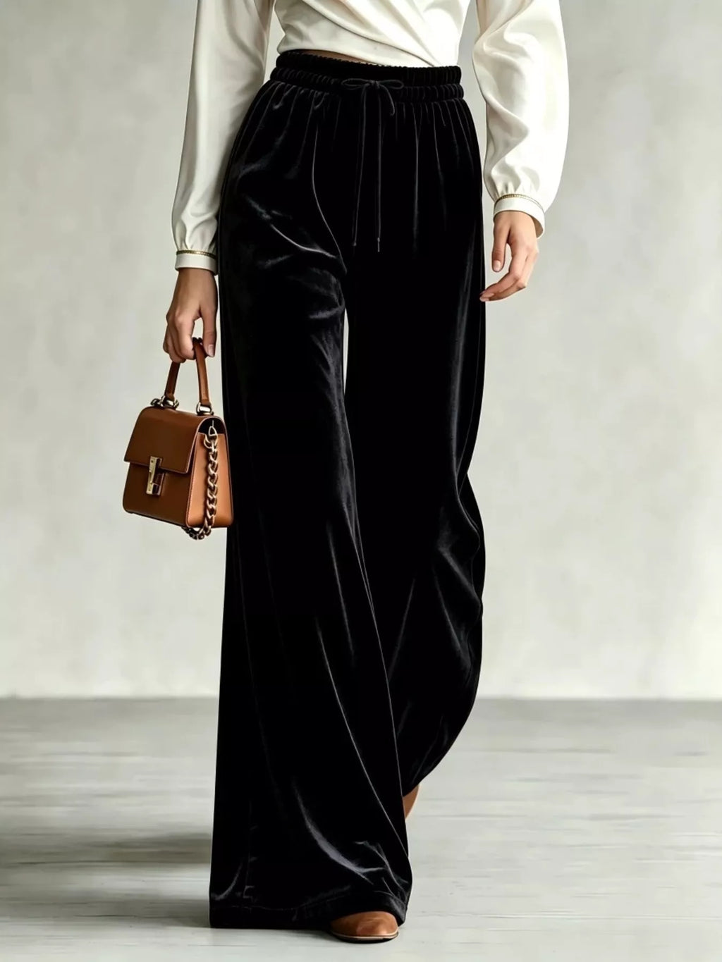 Velvet Wide-Leg Pants with Drawstring