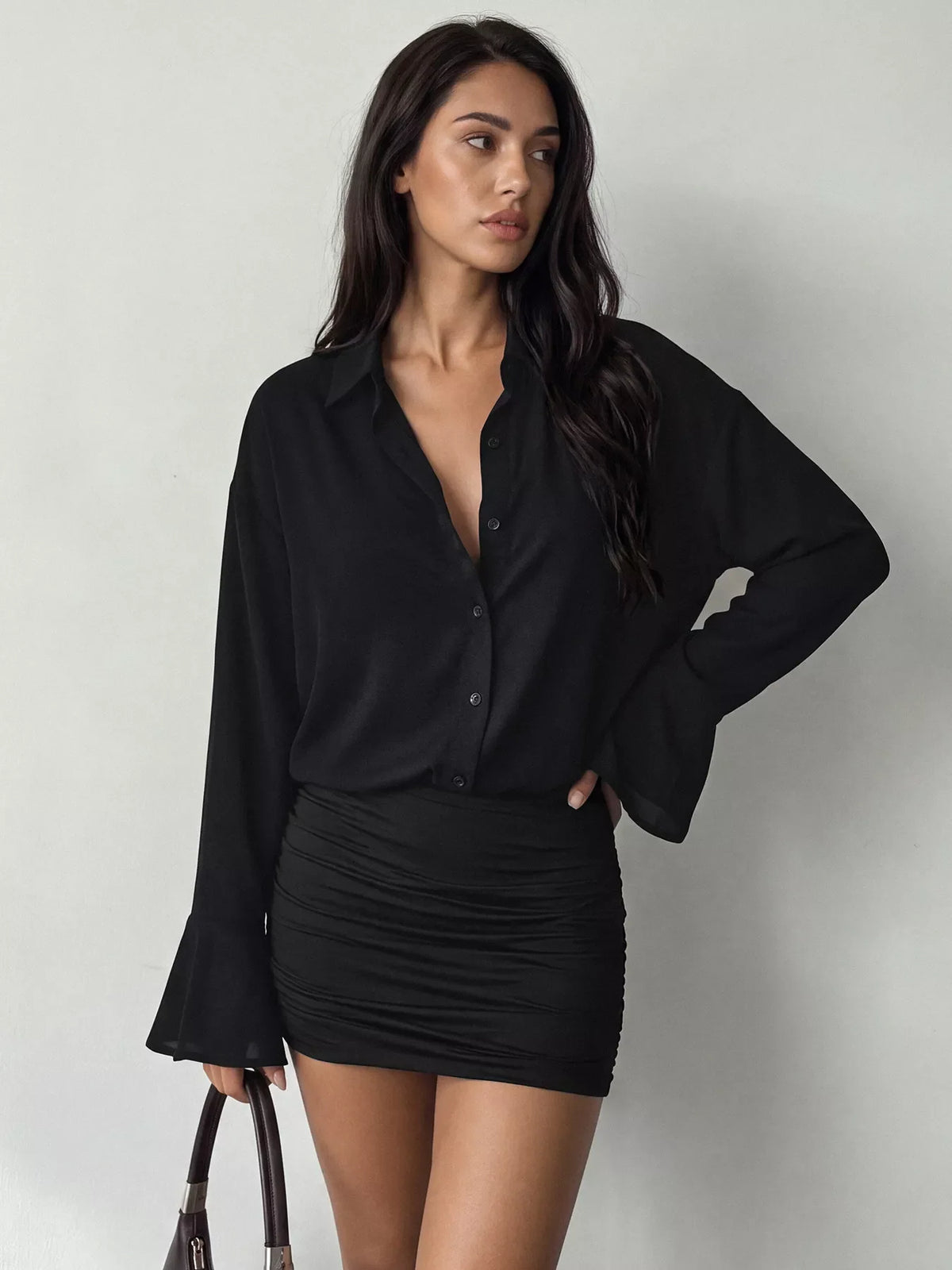 Button Front Flounce Sleeve Bodycon Shirt Dress