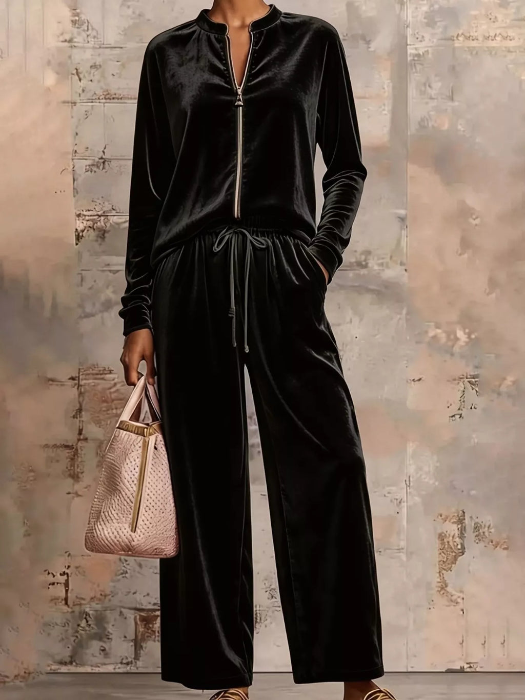 Velvet Zip-Up Top and Pants Set