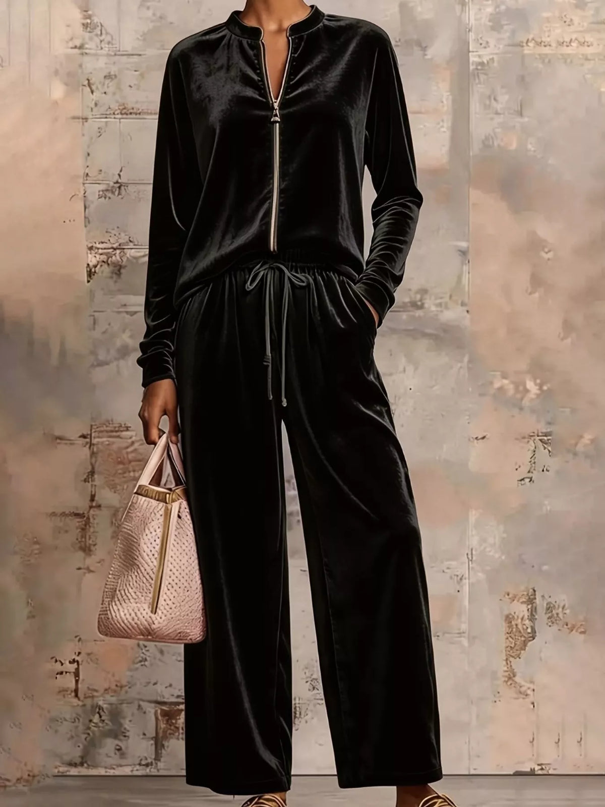 Velvet Zip-Up Top and Pants Set