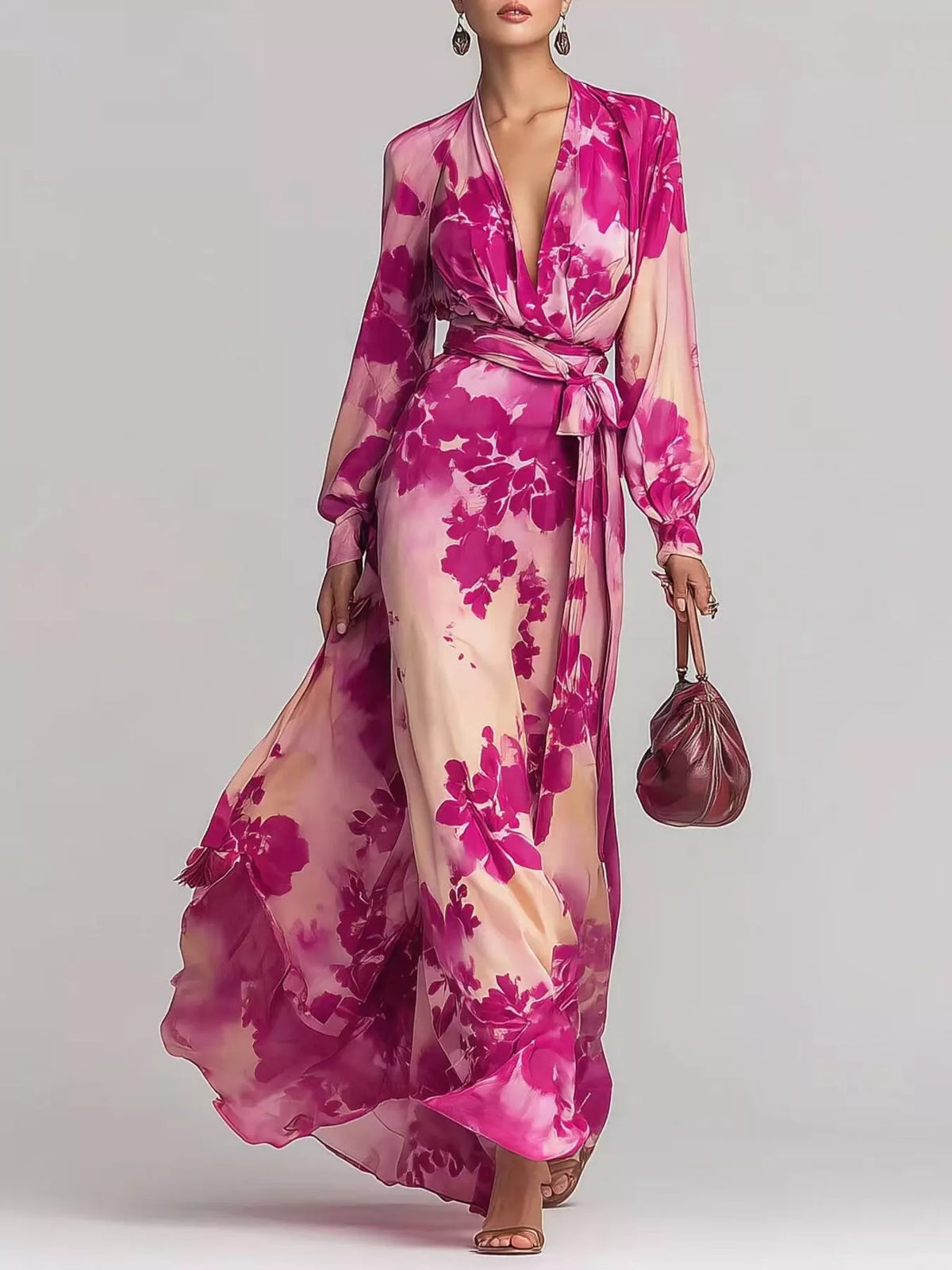 Floral Print Maxi Dress with Waist-Tie Detail