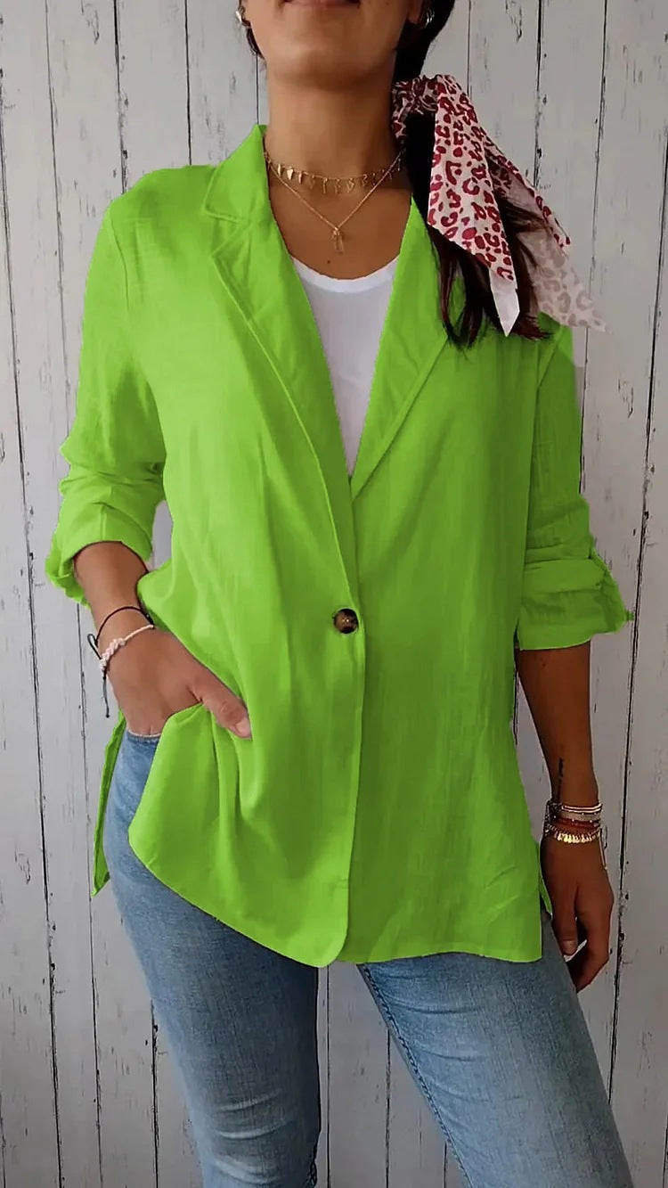 AutumnWinter Womens Cotton-linen Blazer With A Lapel And A Single Button