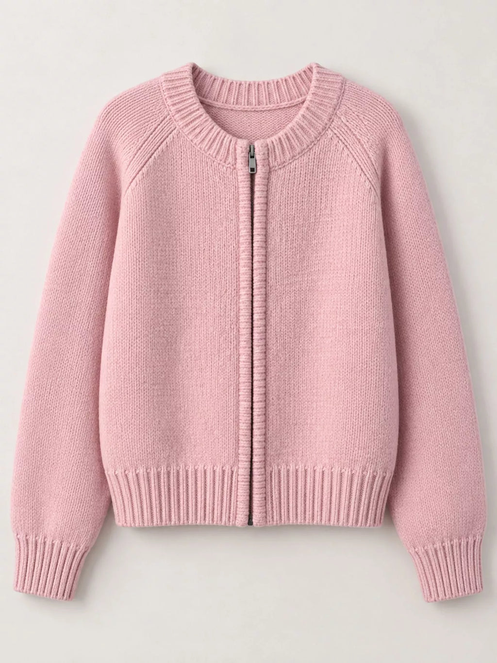 Ribbed Hem Zip-Up Cardigan