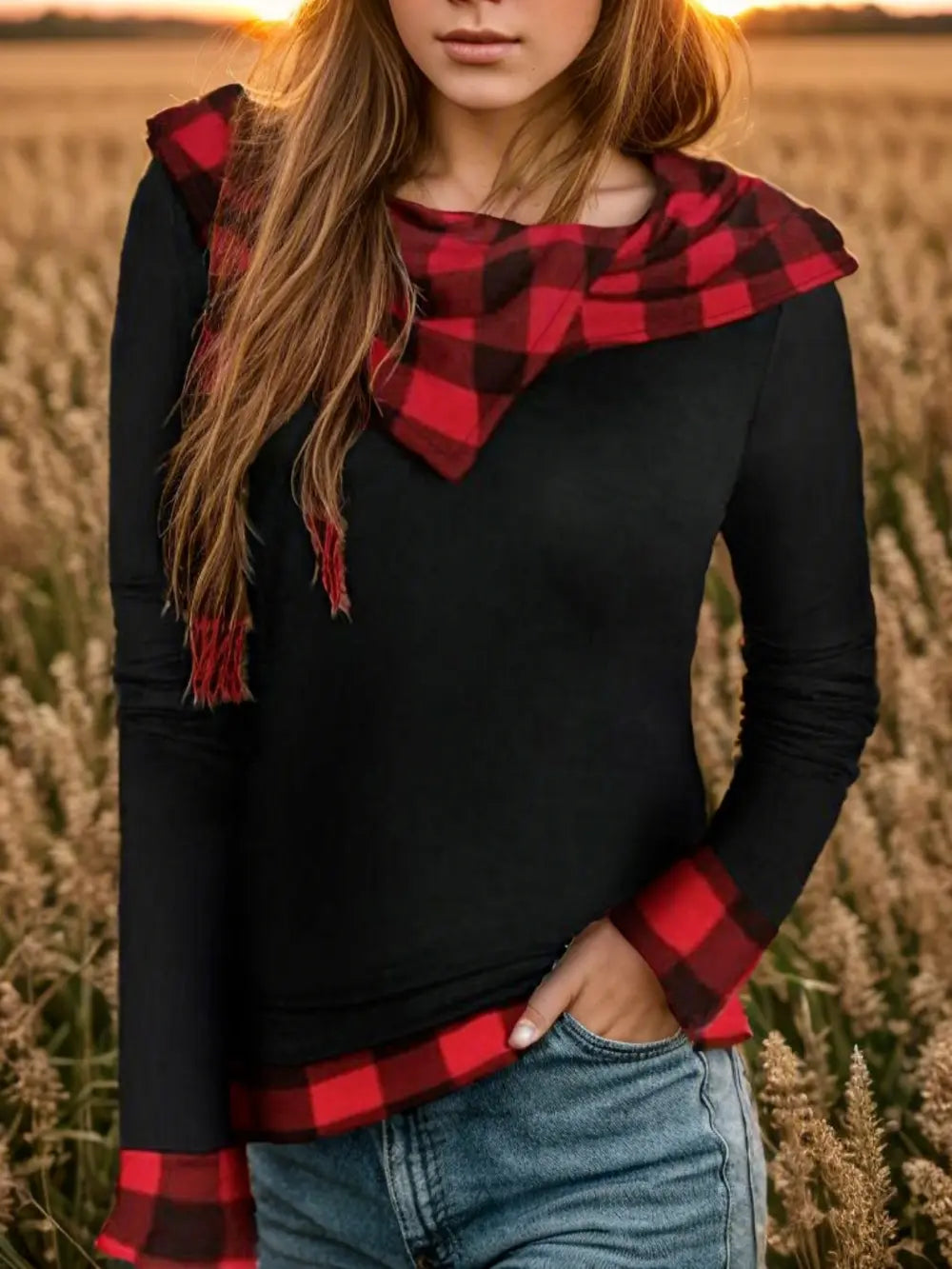Plaid Long Sleeve Hooded Cotton Blouse