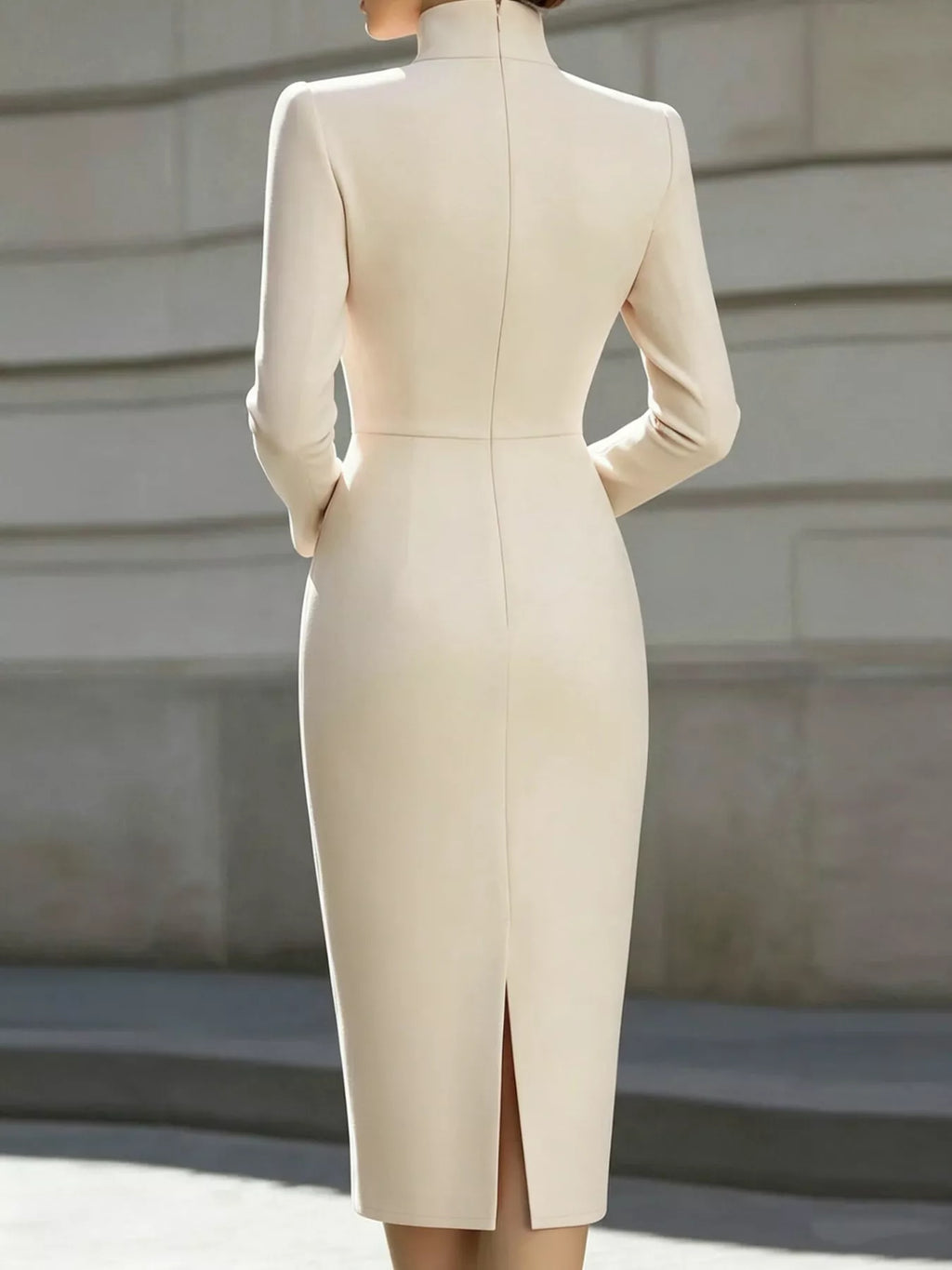 Full Size Stand-Collar Long-Sleeve Midi Dress Plus Size