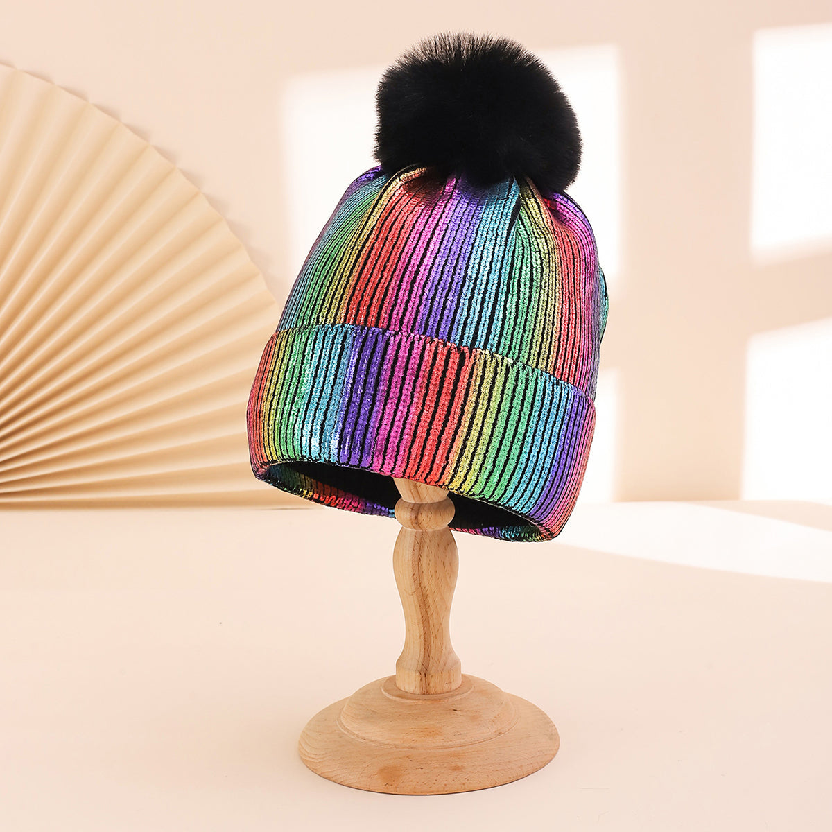 Colorful Stamped Gold Large Wooly Ball Knitted Hood For Autumn Winter With Vertical Stripes And Flared Edges  Warm And Stylish Knitted Hat