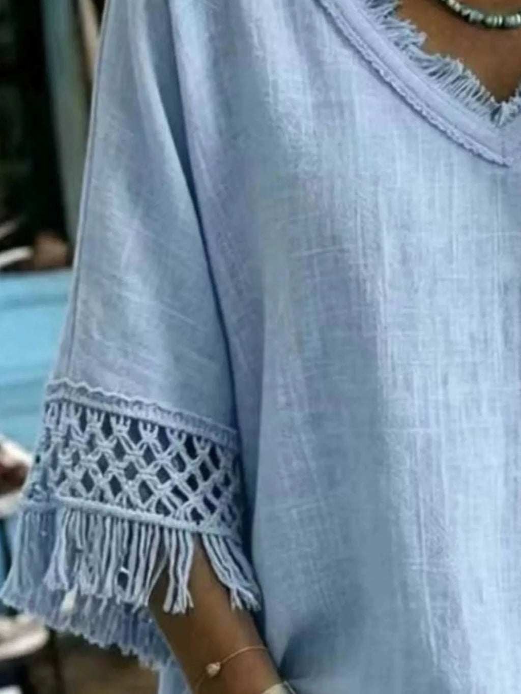 Full Size Fringe Trim V-Neck Loose Fit Blouse Plus Size