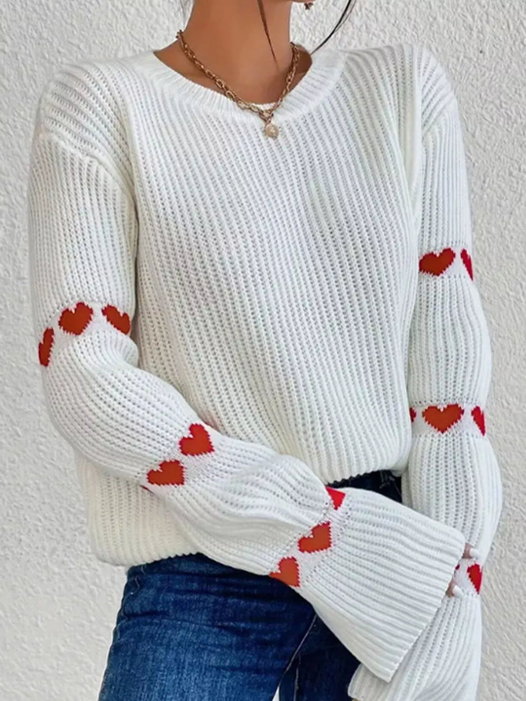 Heart Pattern Dropped Shoulder Sweater