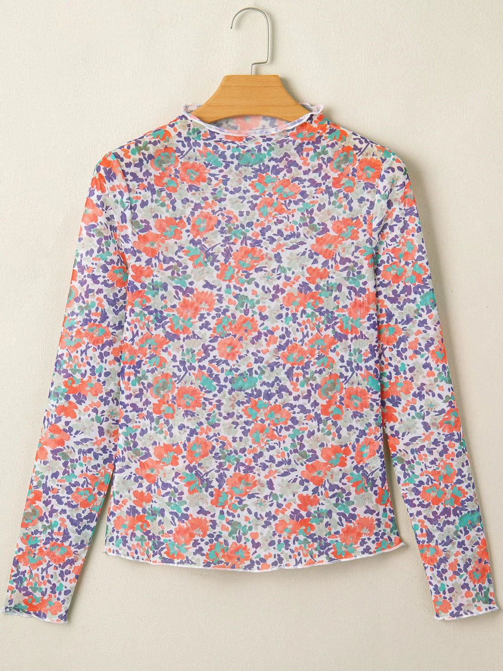 Floral Print Sheer Mesh Long Sleeve Mock Neck Top