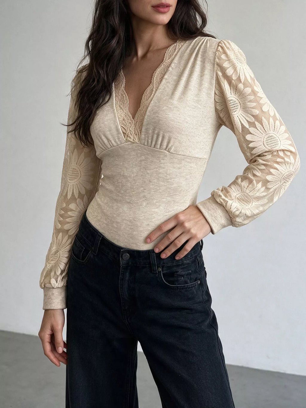 V-Neck Lace Trim Floral Mesh Sleeve Bodysuit