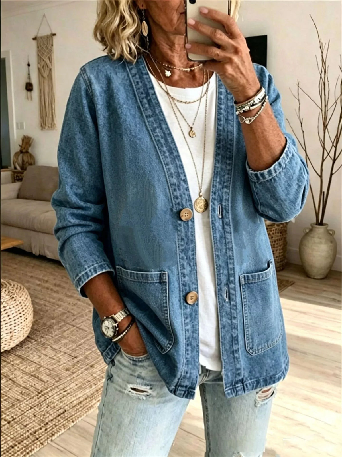 V-Neck Button-Down Denim Jacket