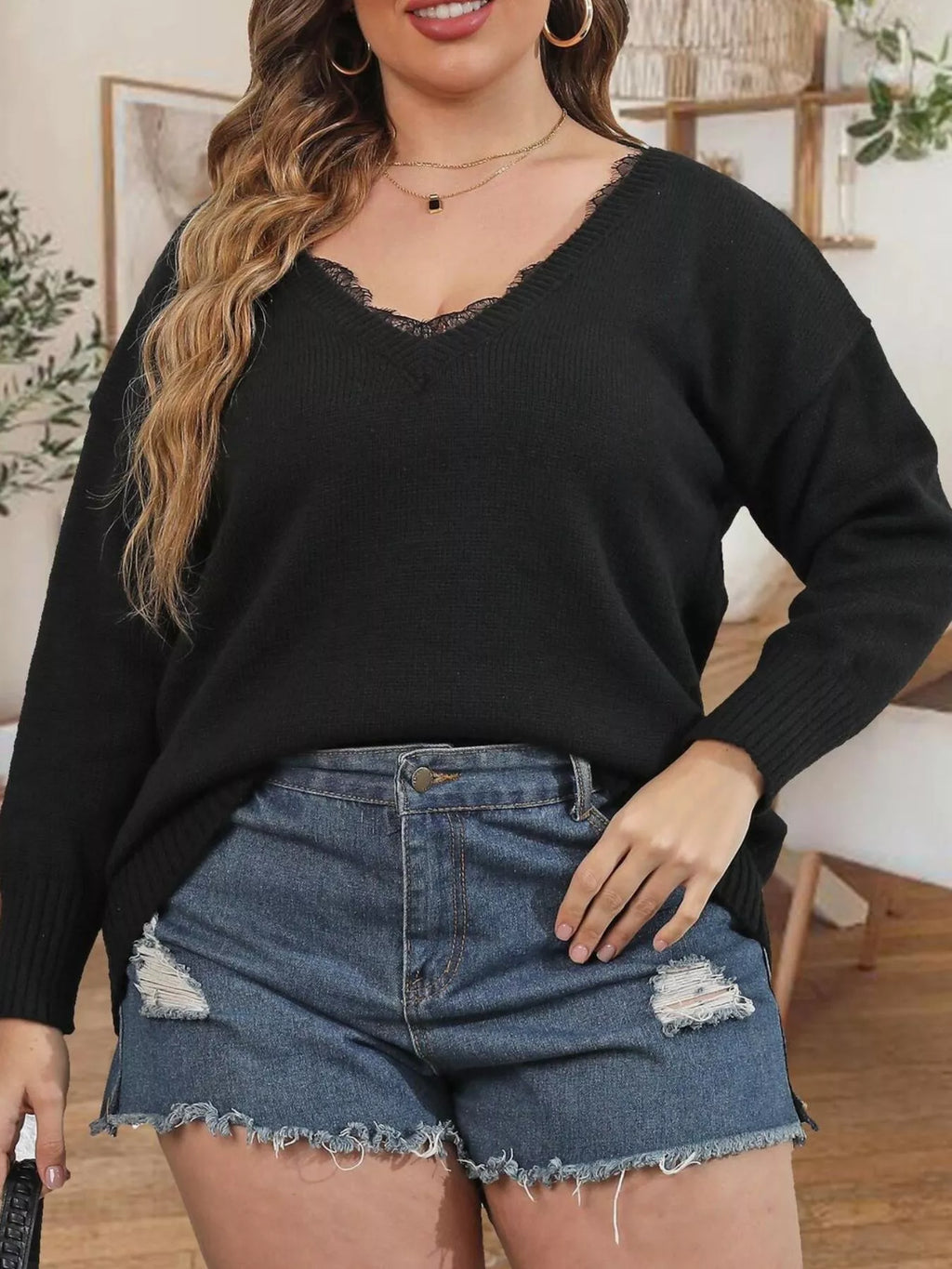 Plus Size Lace Trim V-Neck Sweater