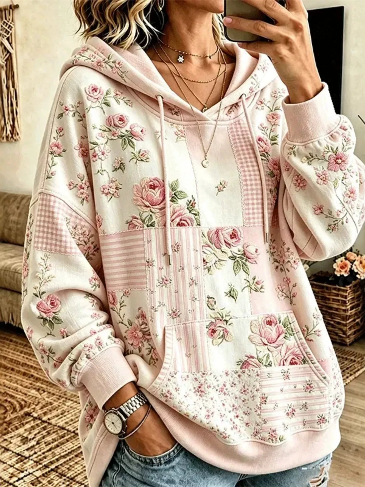 Full Size Drawstring Floral Dropped Shoulder Hoodie Plus Size