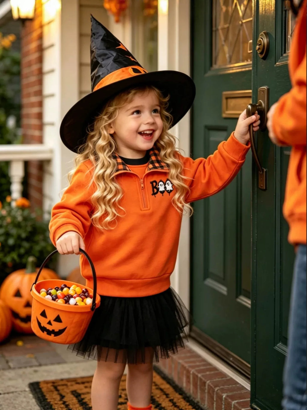 Children's Pumpkin Quarter-Zip Plaid Collar Sweatshirt