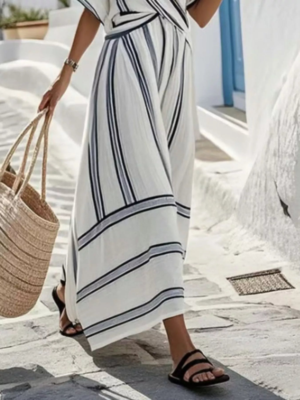 Full Size Striped Surplice Half Sleeve Midi Dress Plus Size