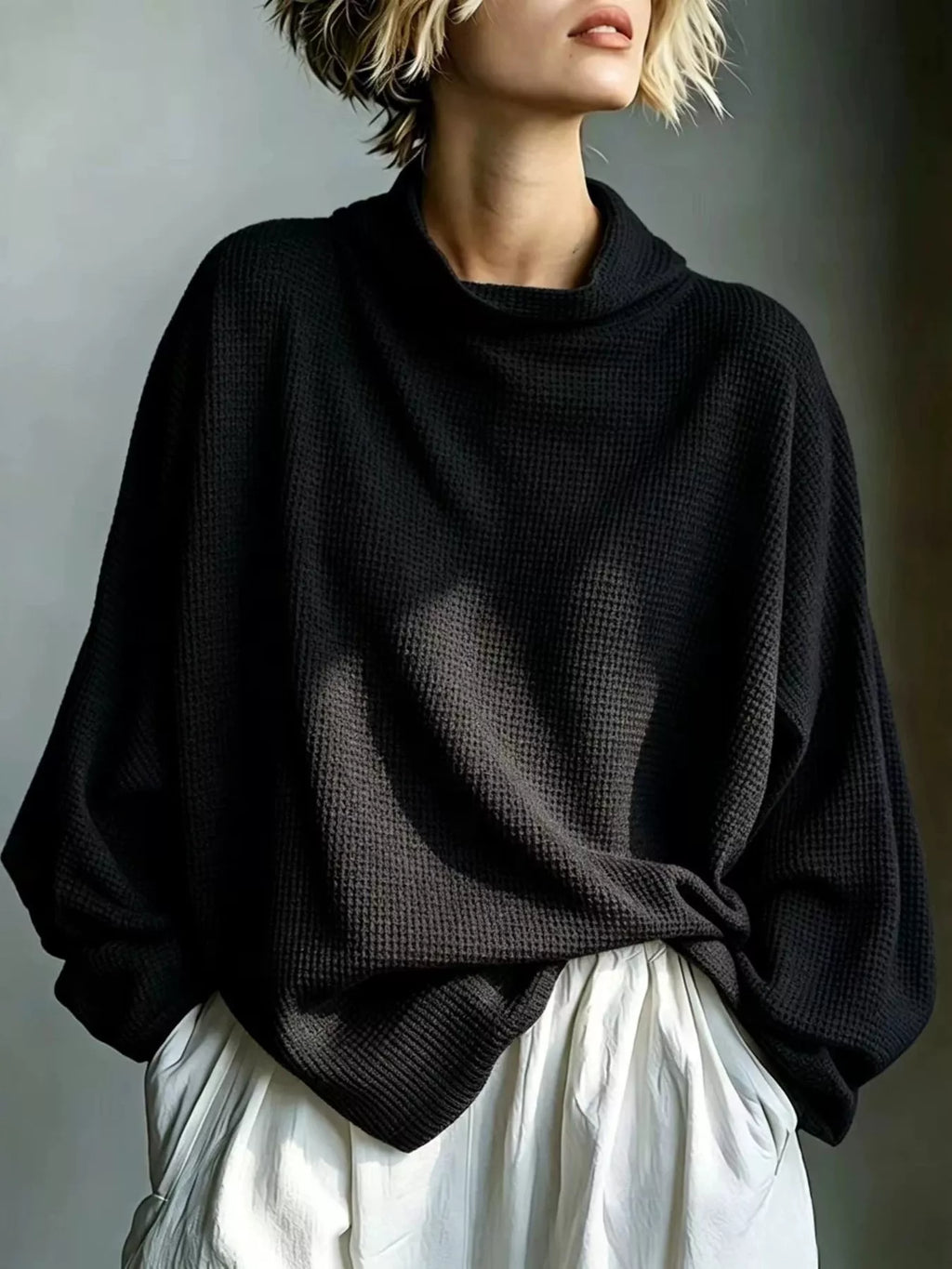 Full Size Oversized Waffle Knit Mock Neck T-Shirt Plus Size