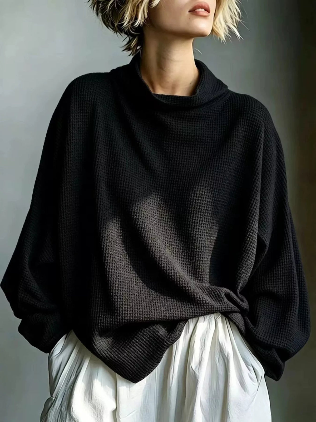 Full Size Oversized Waffle Knit Mock Neck T-Shirt Plus Size
