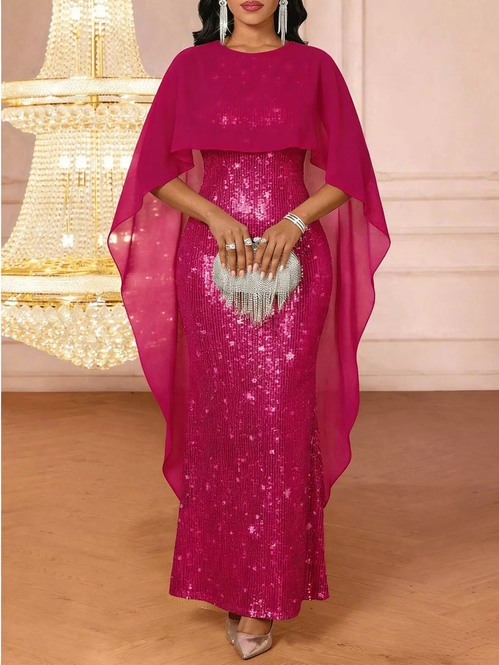 Sequin Cape Overlay Evening Dress