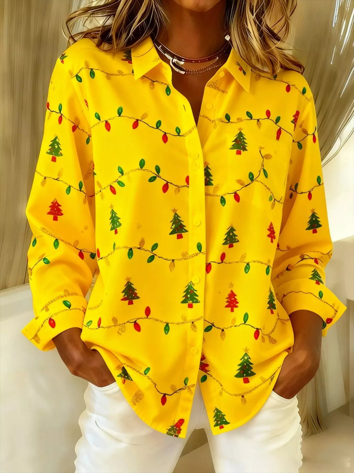 Full Size Christmas Tree Print Long Sleeve Button-Down Shirt Plus Size