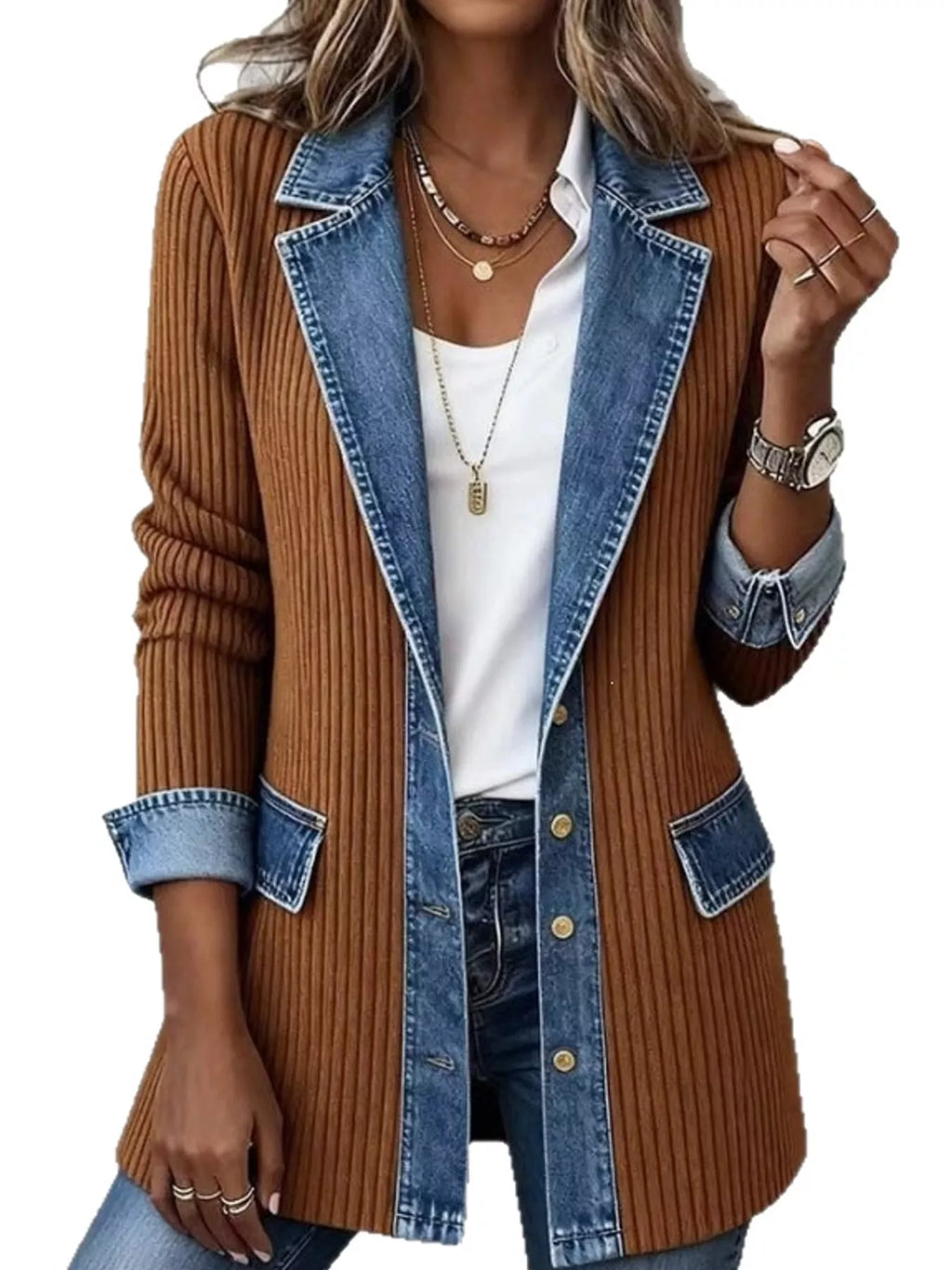 Full Size Denim Trim Ribbed Knit Cardigan Plus Size
