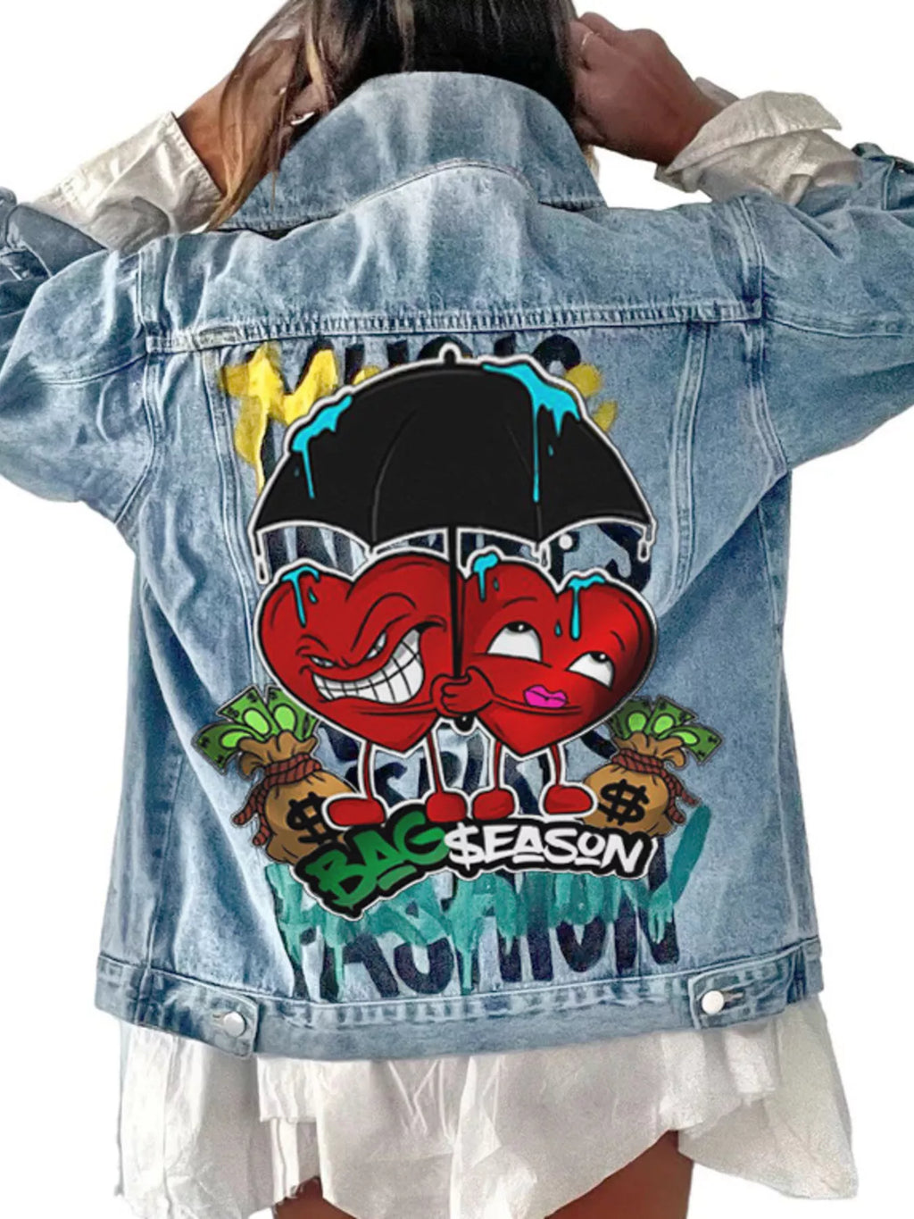 Full Size Heart and Umbrella Graphic Denim Jacket Plus Size
