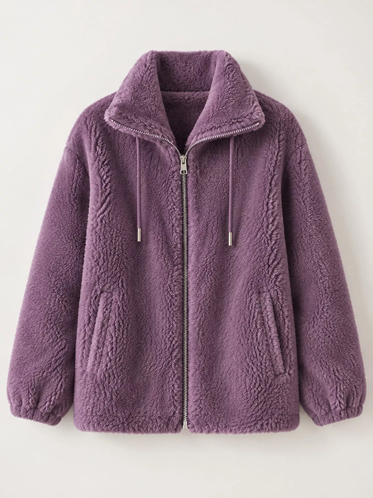 Full Size Drawstring Faux Fur Stand-Collar Zip-Up Outerwear Plus Size