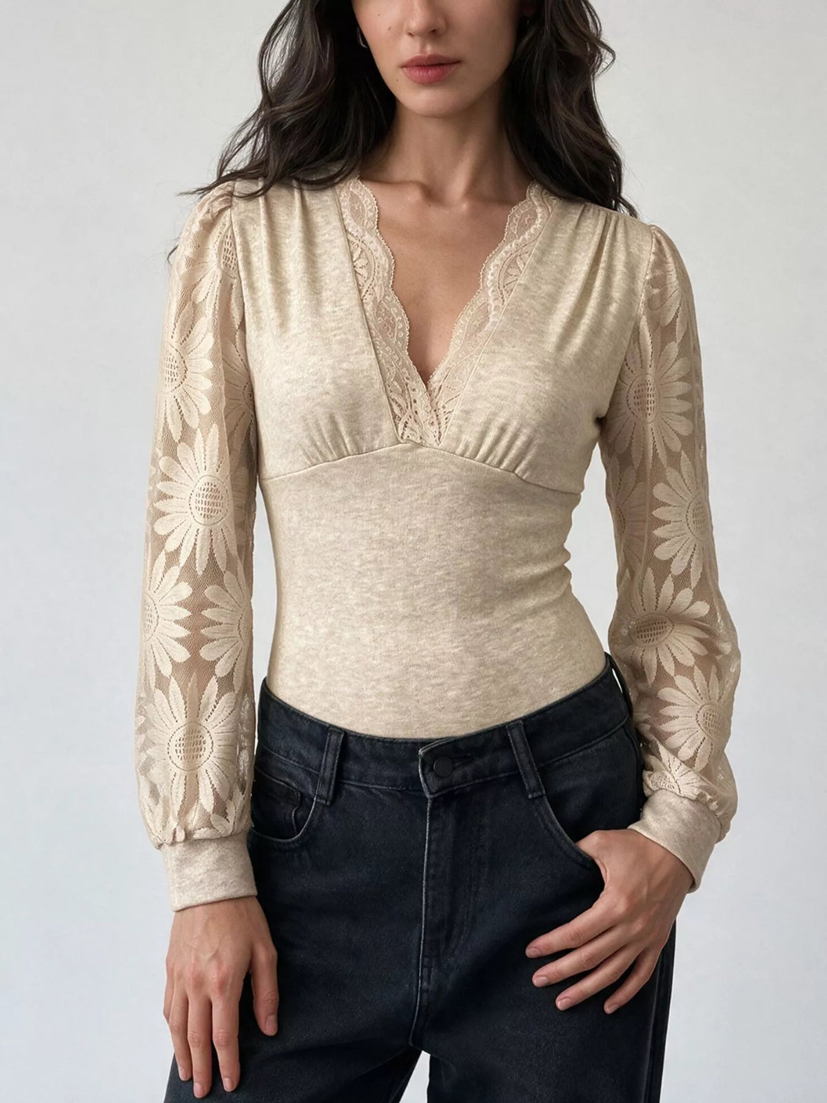 V-Neck Lace Trim Floral Mesh Sleeve Bodysuit