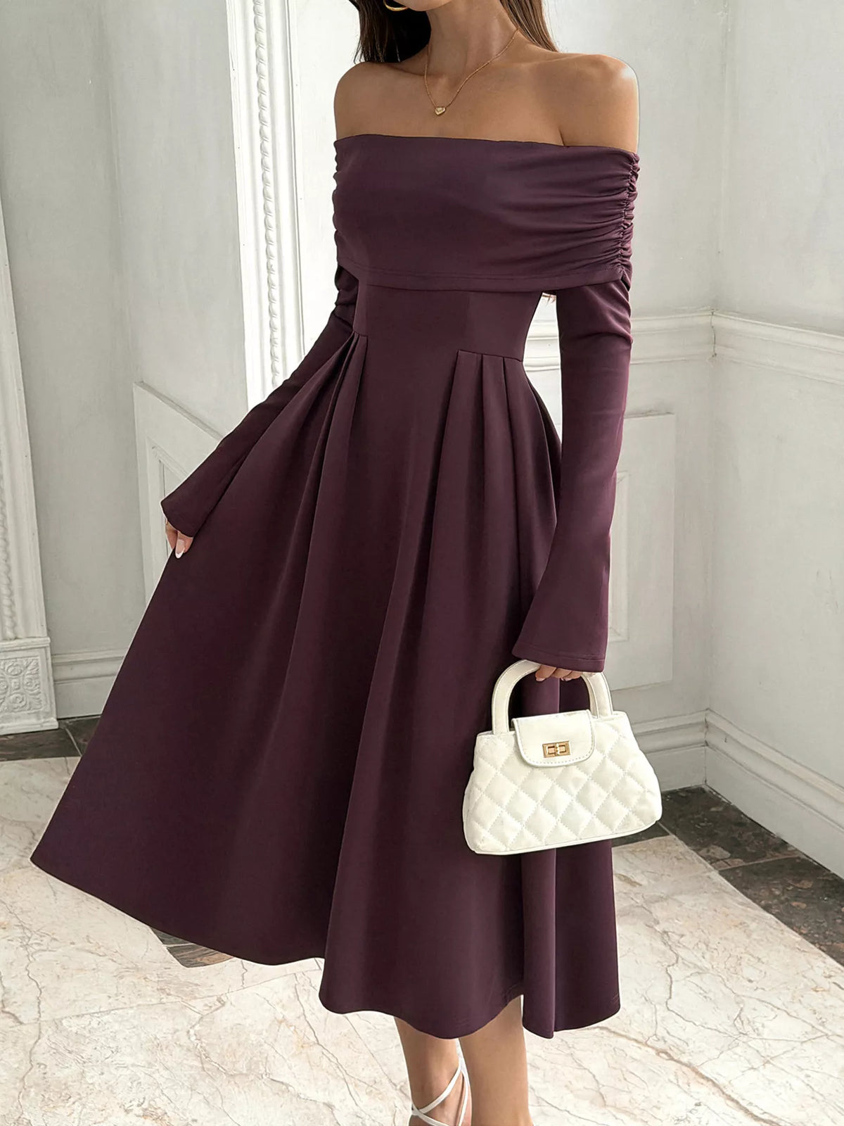 Off-Shoulder Long Sleeve Midi Dress