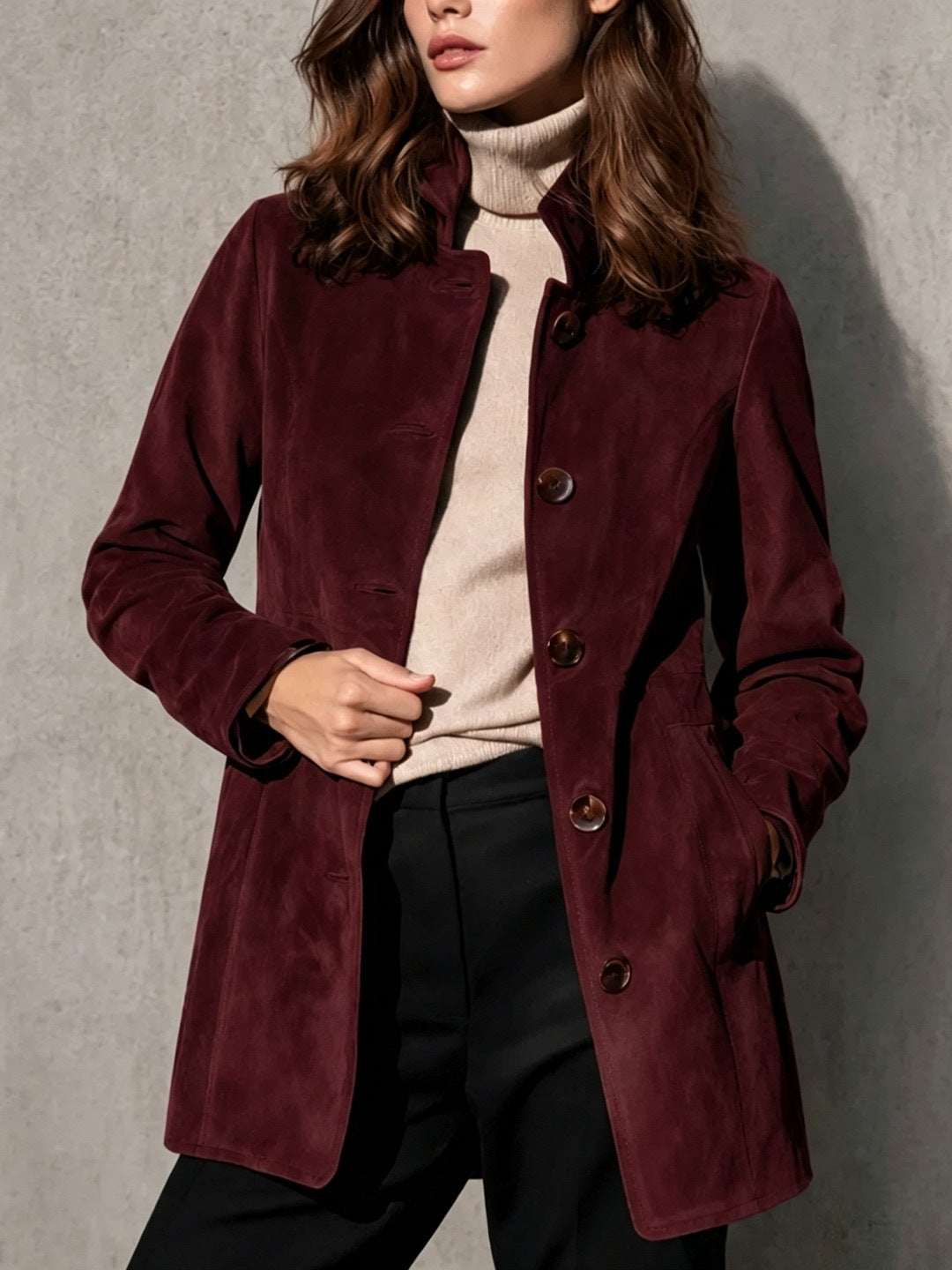 Suede Mid-length Loose-fit Casual Womens Jacket