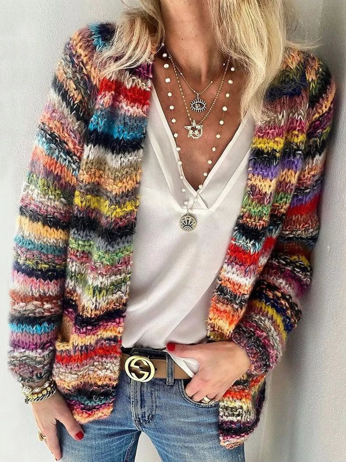Full Size Multi-Color Striped Chunky Knit Open-Front Cardigan Plus Size