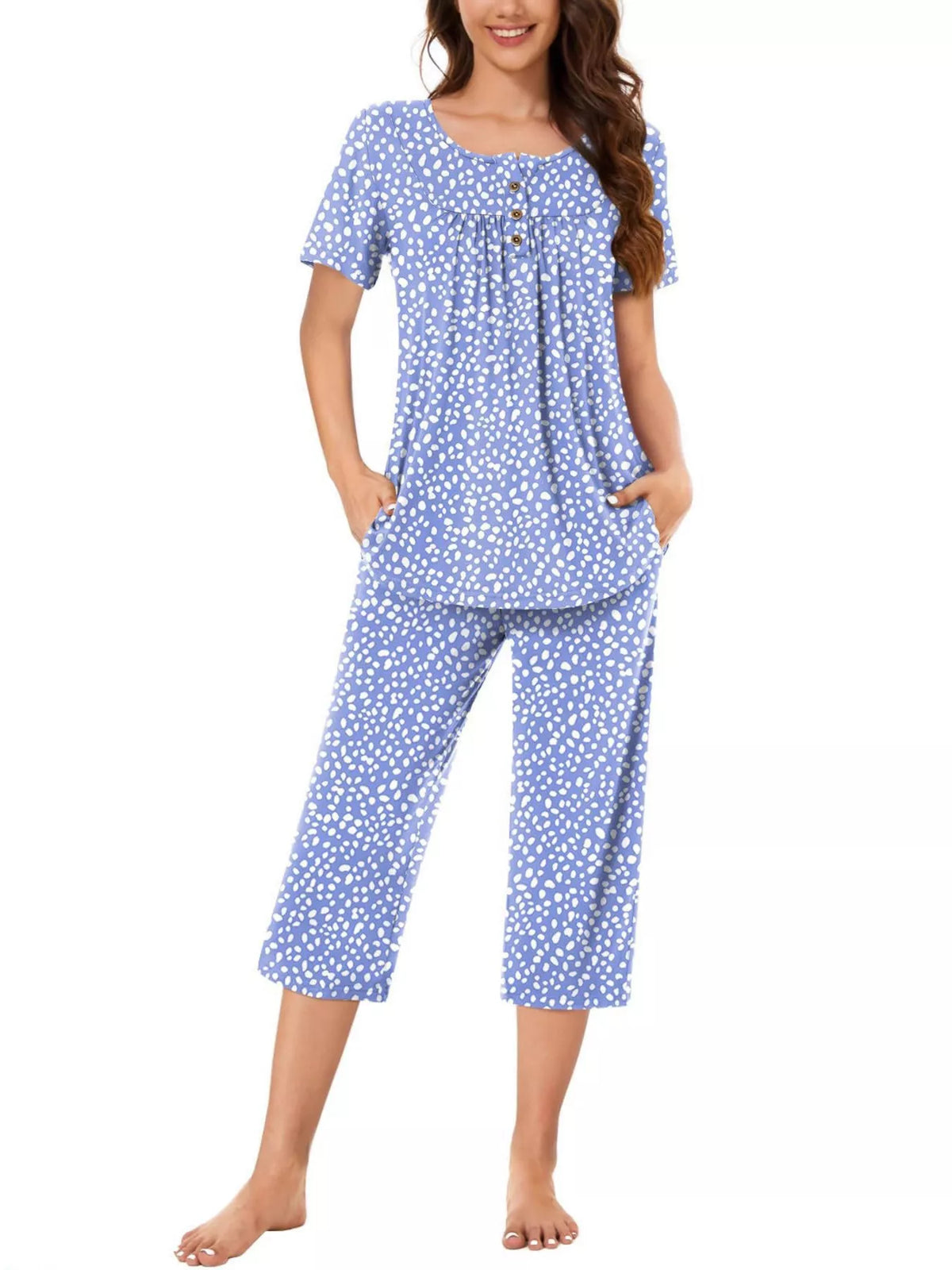 Printed Short Sleeve Top and Cropped Pants Lounge Set