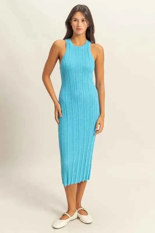 Blue Round Neck Bodycon Ribbed Knit Dress