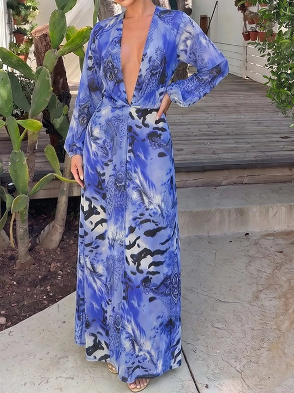 Deep V-Neck Long Sleeve Printed Maxi Dress