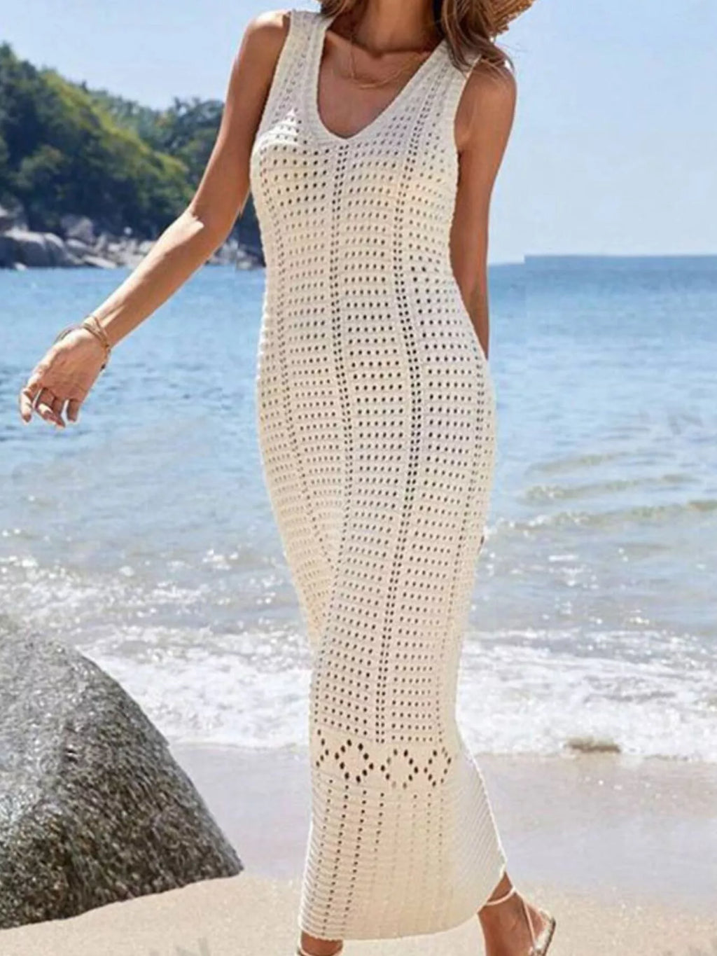 Sleeveless Crochet Knit Cover Up Maxi Dress