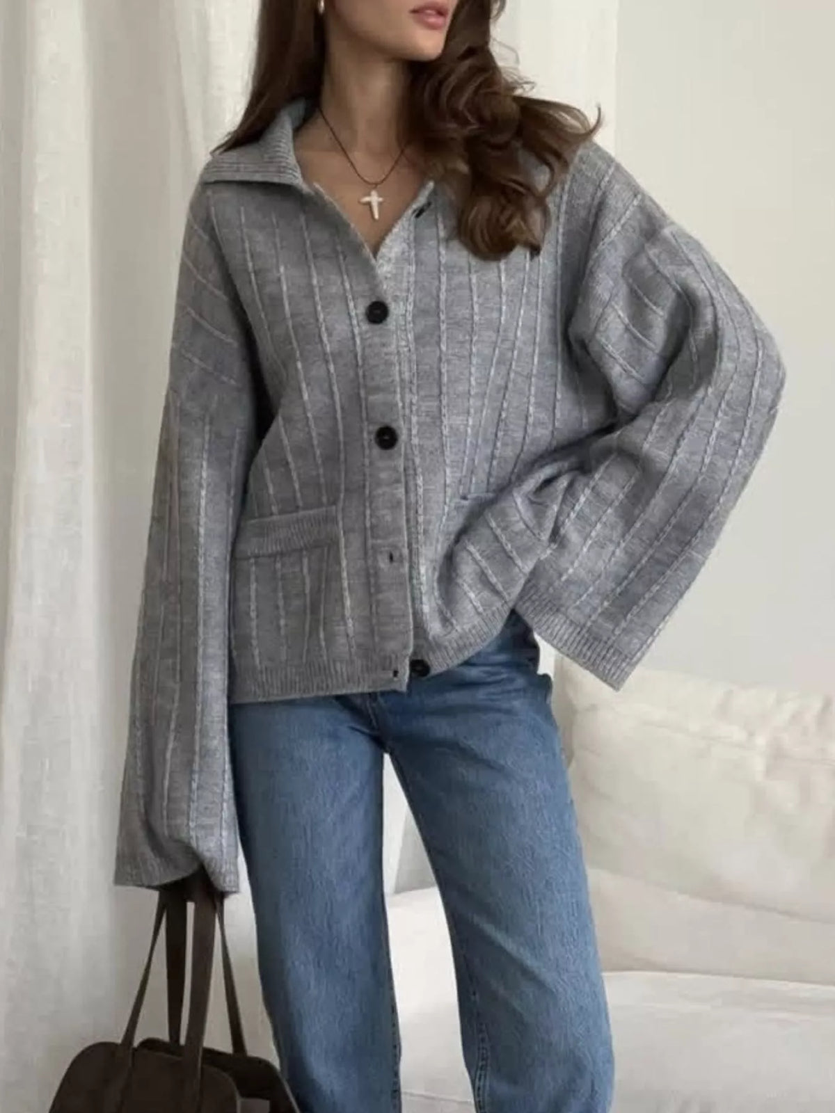 Texture Knit Cardigan with Wide Sleeves and Collar