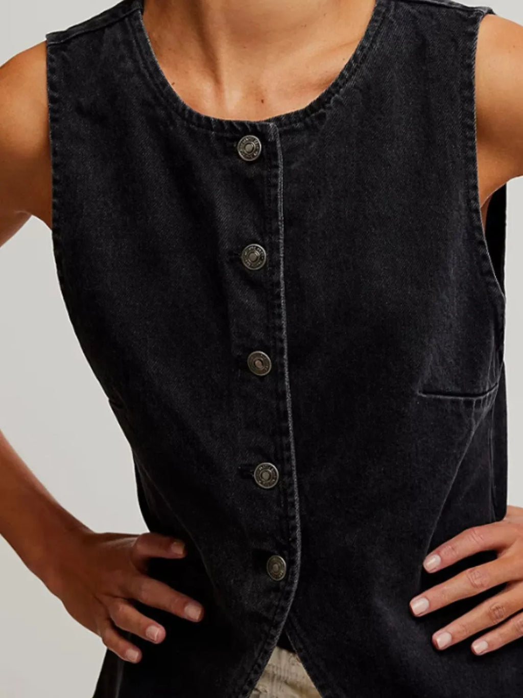 Button Down Round Neck Denim Vest