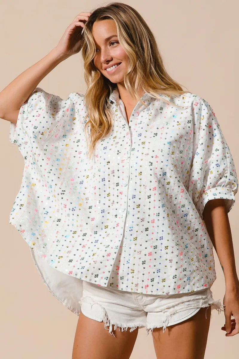 BiBi Sequin Striped Short Dolman Sleeve Blouse