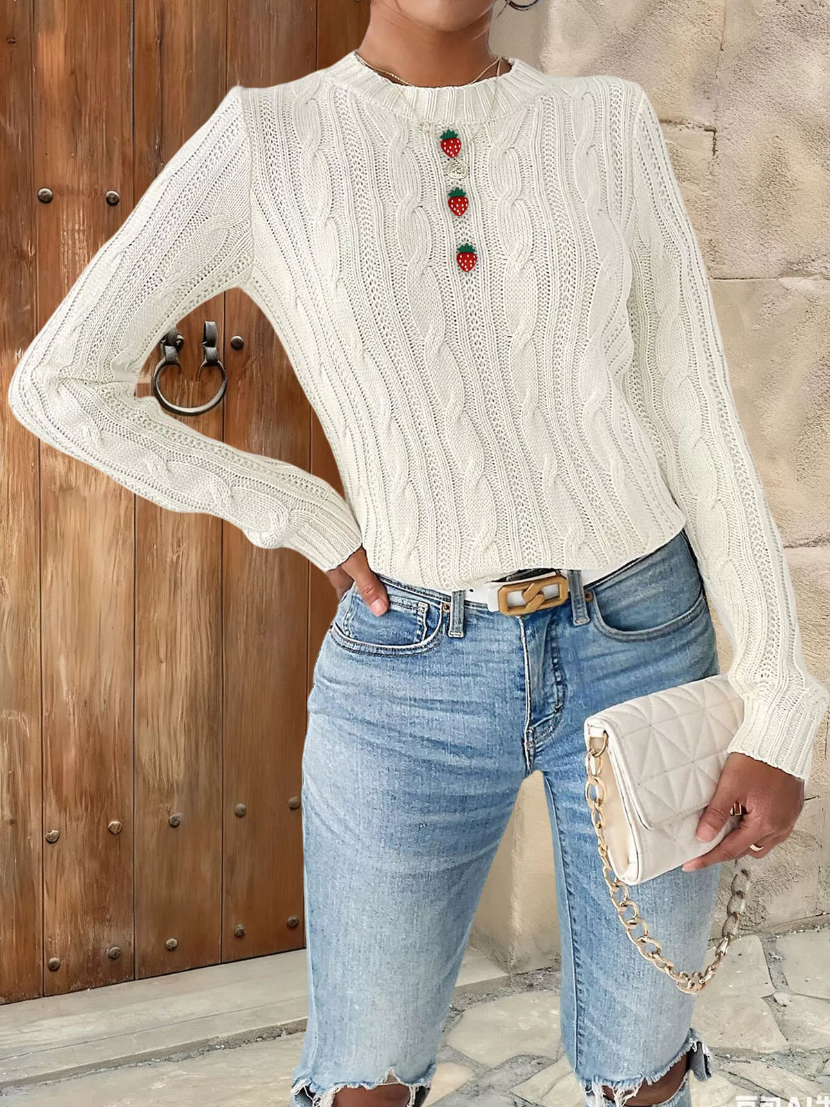 Strawberry Embellished Cable Knit Round Neck Sweater