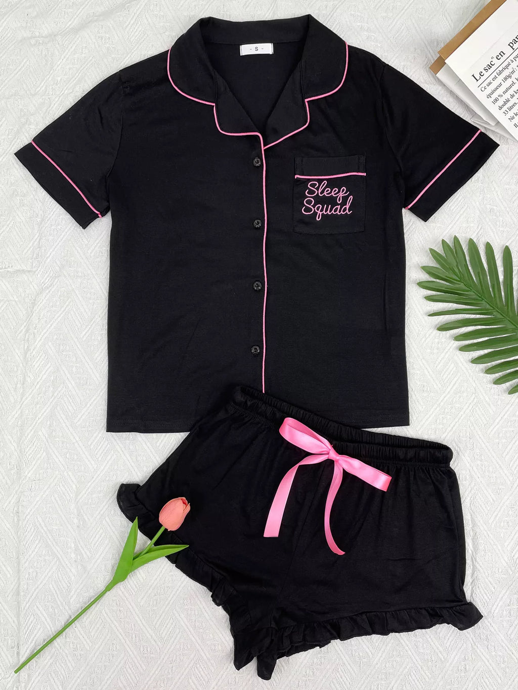 Contrast Piping Button-Down Shirt and Ruffle Shorts Lounge Set