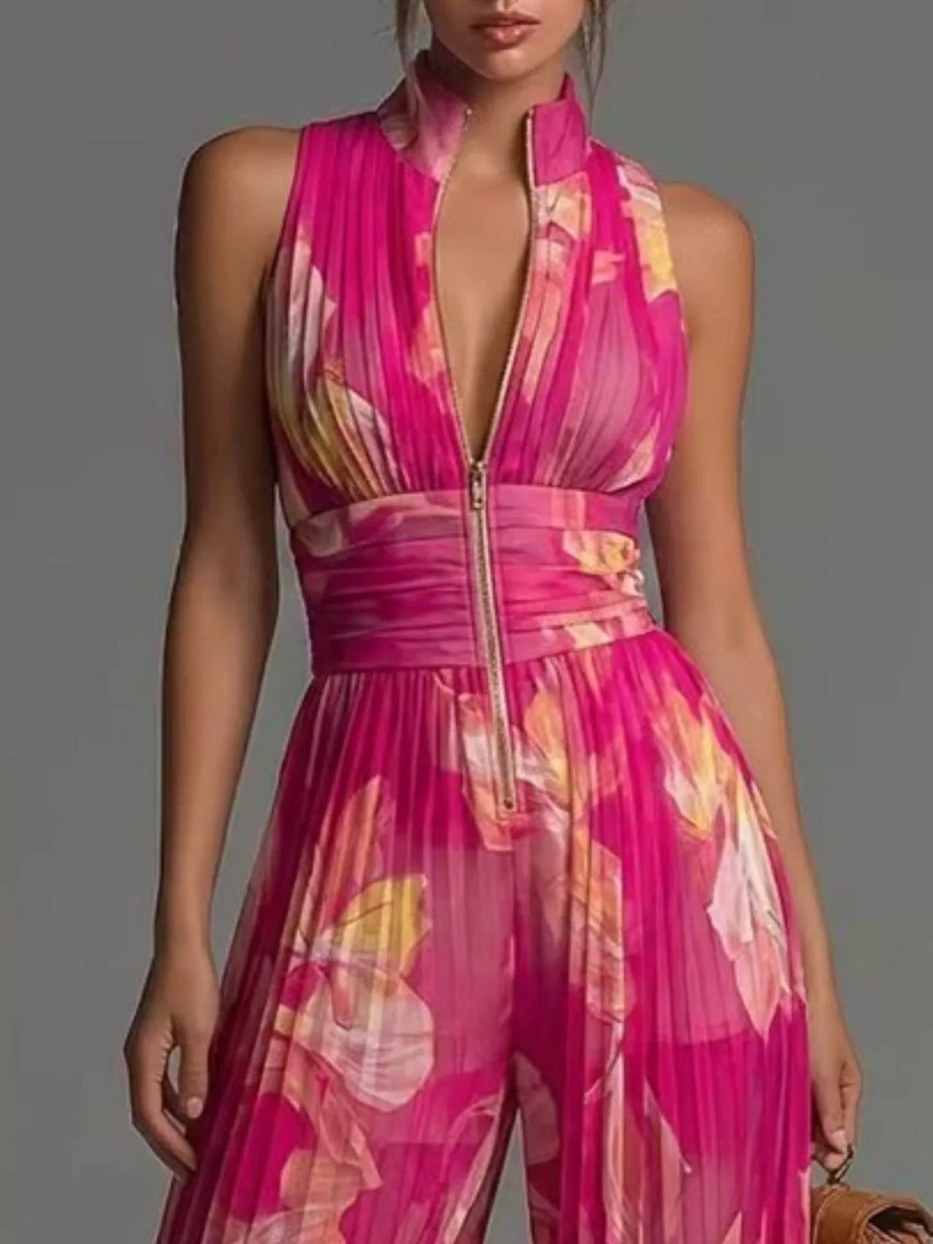 Sleeveless Pleated Wide-Leg Jumpsuit with Front Zipper