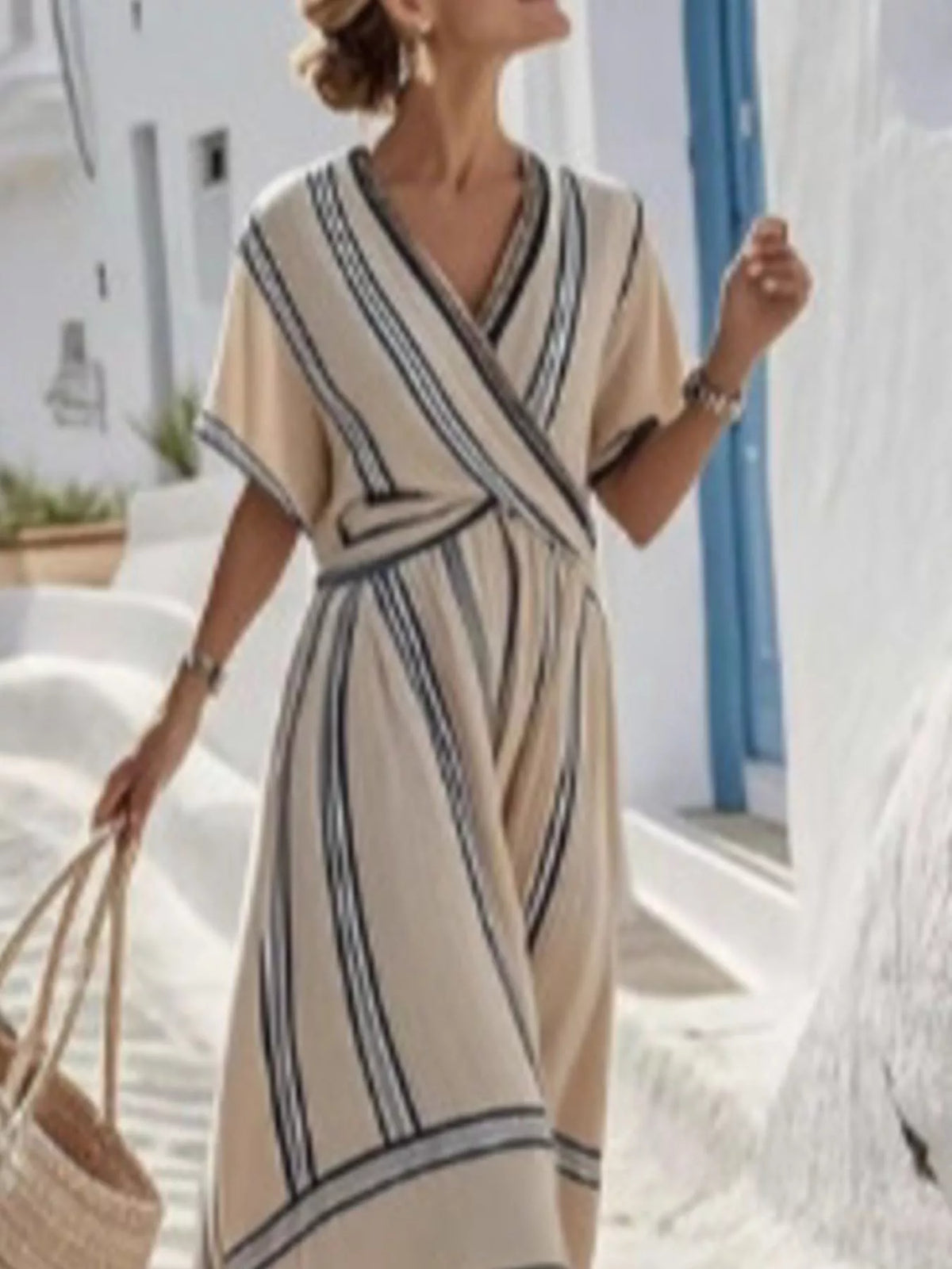Full Size Striped Surplice Half Sleeve Midi Dress Plus Size