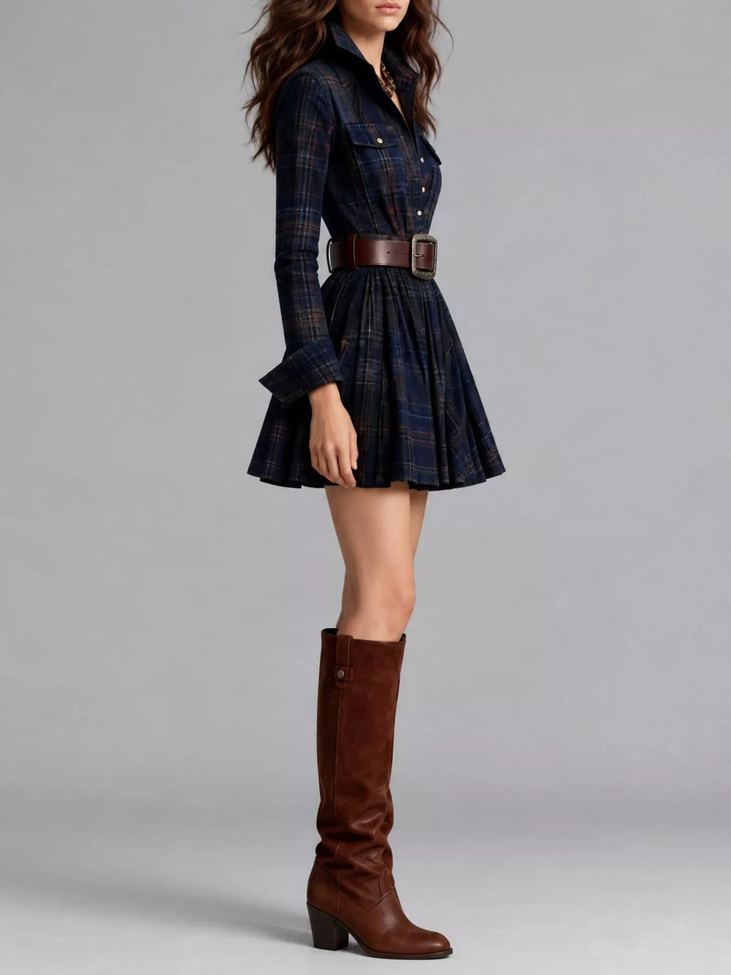 Plaid Long-Sleeve Shirt Dress