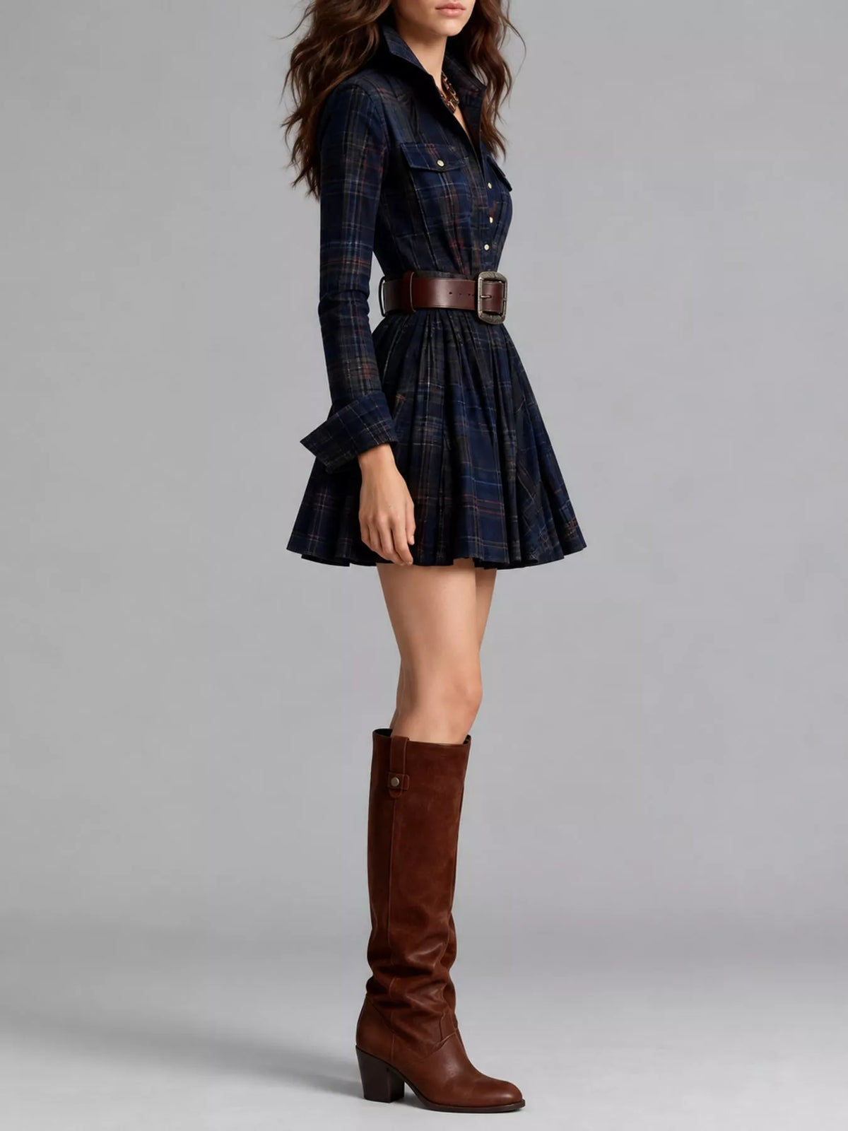 Plaid Long-Sleeve Shirt Dress