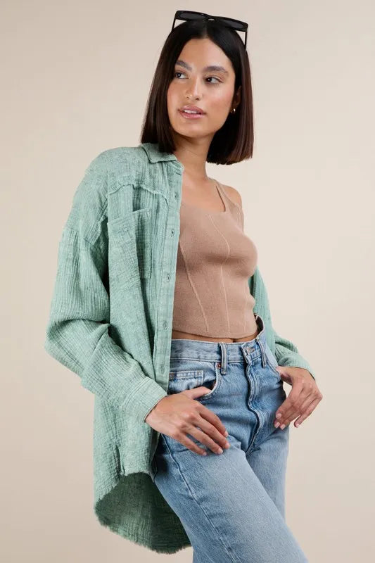 VERY J Mineral Washed Gauze Button Down Shirt