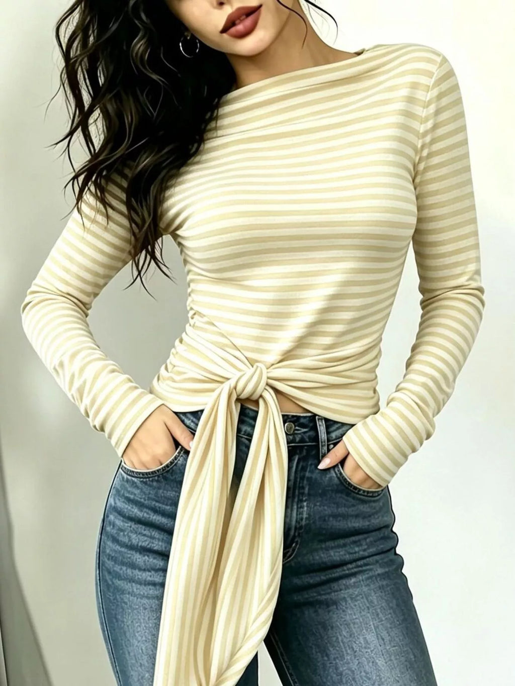 Long Sleeve Striped T-Shirt with Front Tie Detail