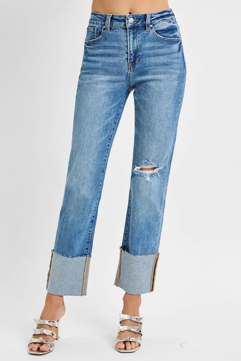 RISEN Full Size High Rise Ankle Straight Wide Cuffed Jeans Plus Size