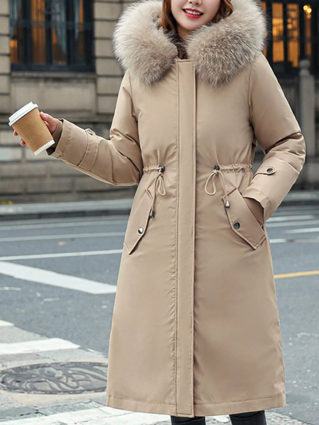 Detachable Longline Hooded Parka with Faux Fur Trim and Drawstring Waist
