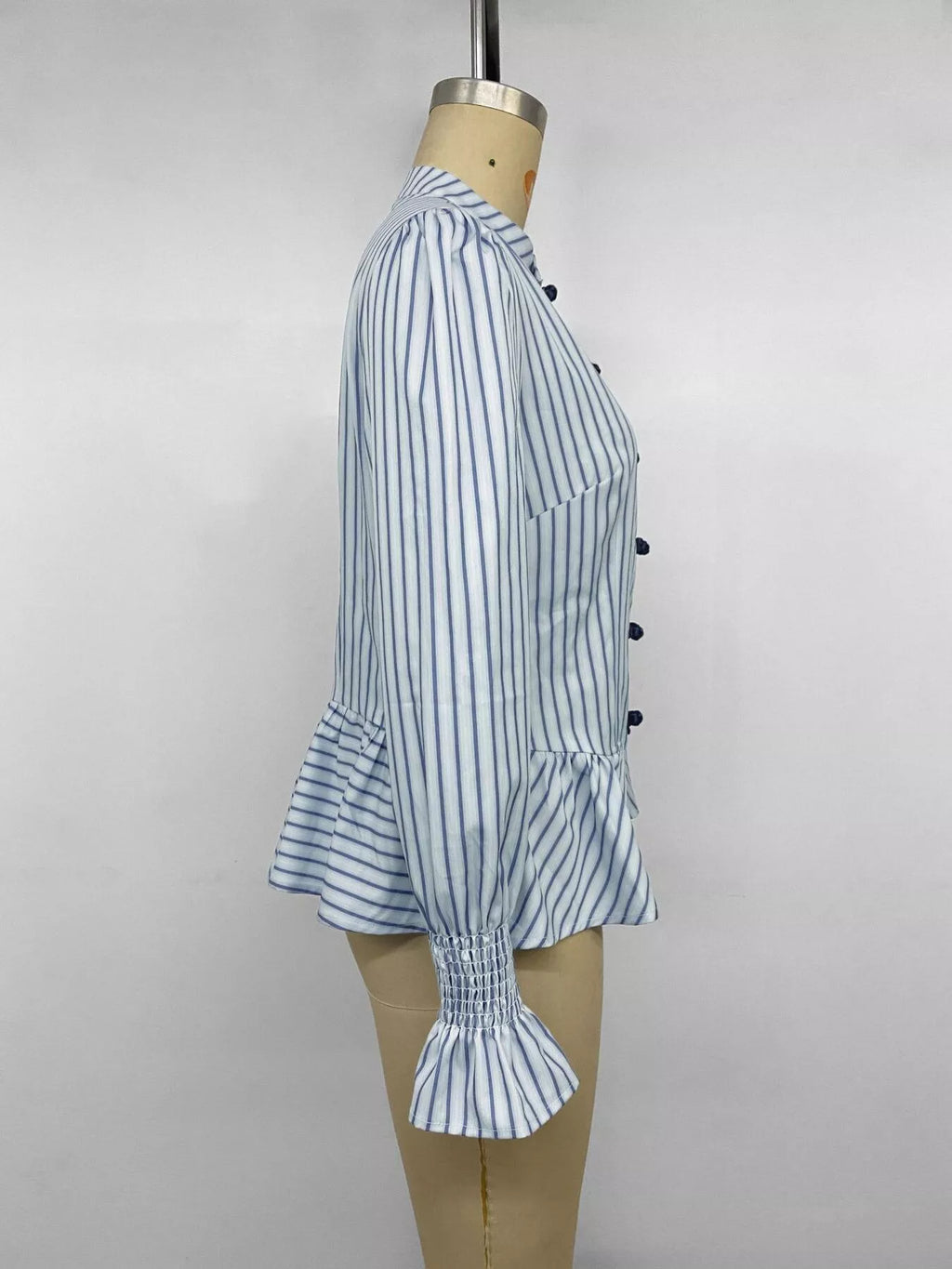 Striped Mandarin Knot Buttons Peplum Hem Shirt