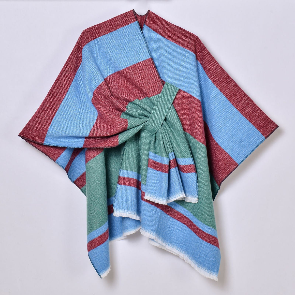 Womens Striped Tassel Cross-Strap Warm Cape Shawl